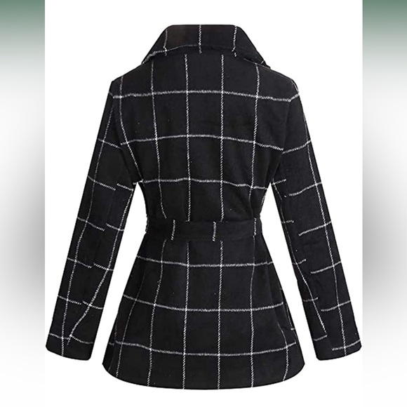 Trench Coat Women Turn Down Collar Wrap Coat Blend Grid Belted - Picture 2 of 5